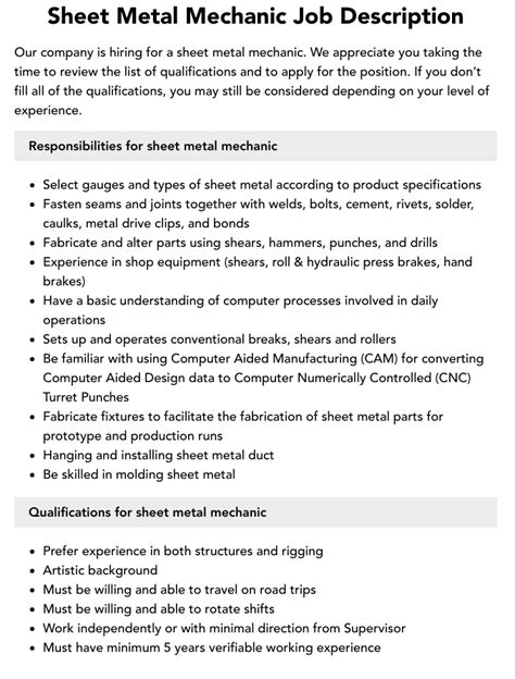 sheet metal technician job description|sheet metal mechanic job duties.